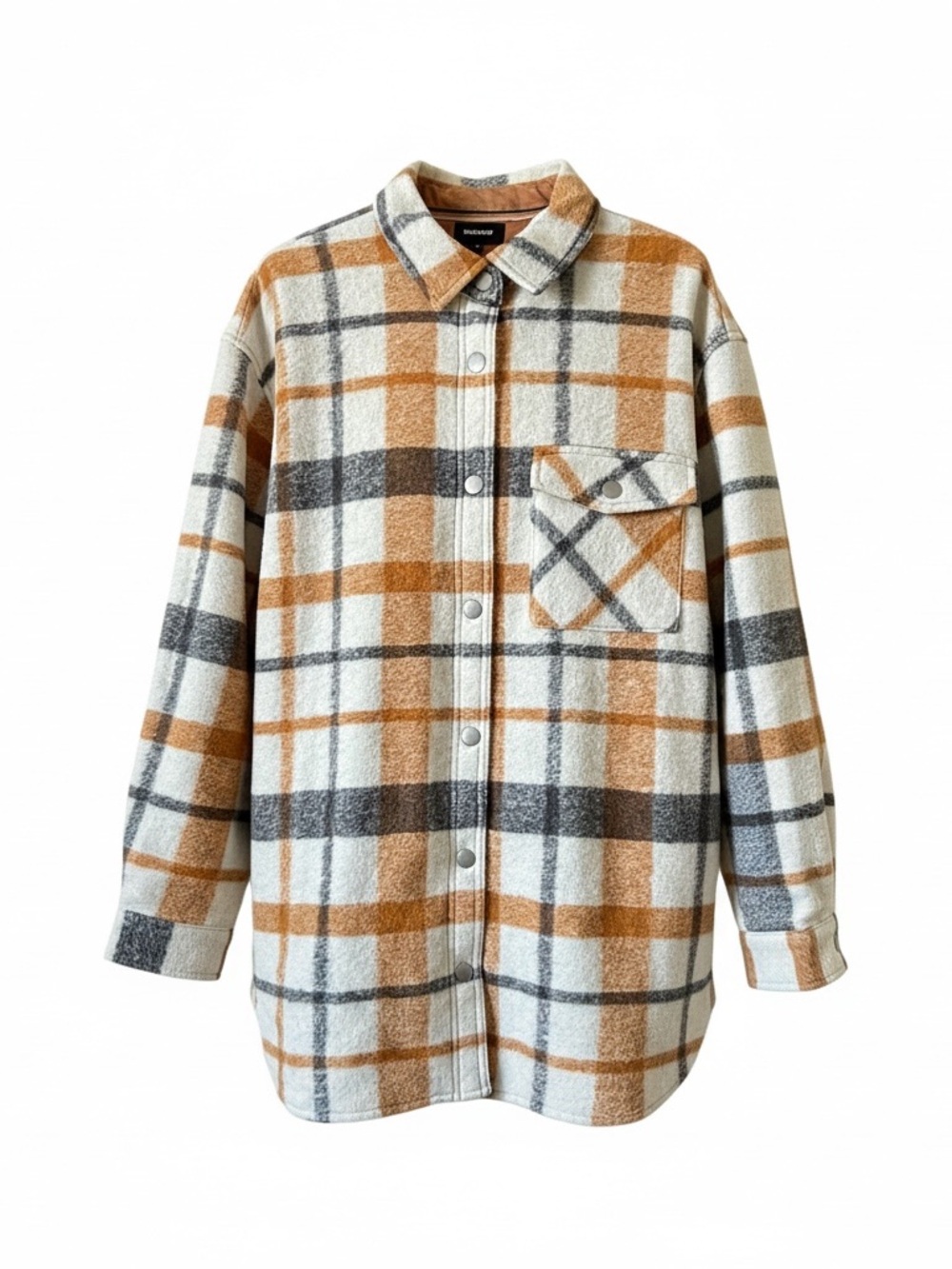 MONROW Plaid Wool Blend Shacket Ivory Camel Grey Oversized L Fits XL NWT